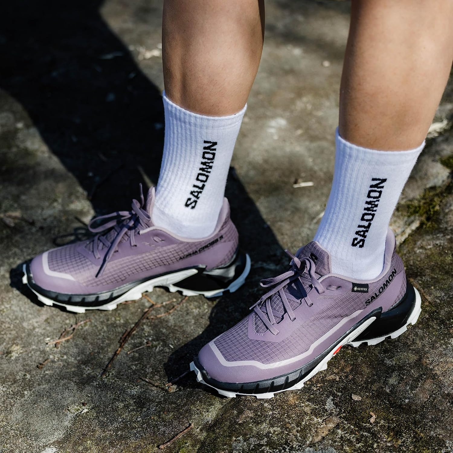 image:imageSalomon Womens Alphacross 5 GoreTex Waterproof Trail Running ShoesMoonscapeBlackWhite